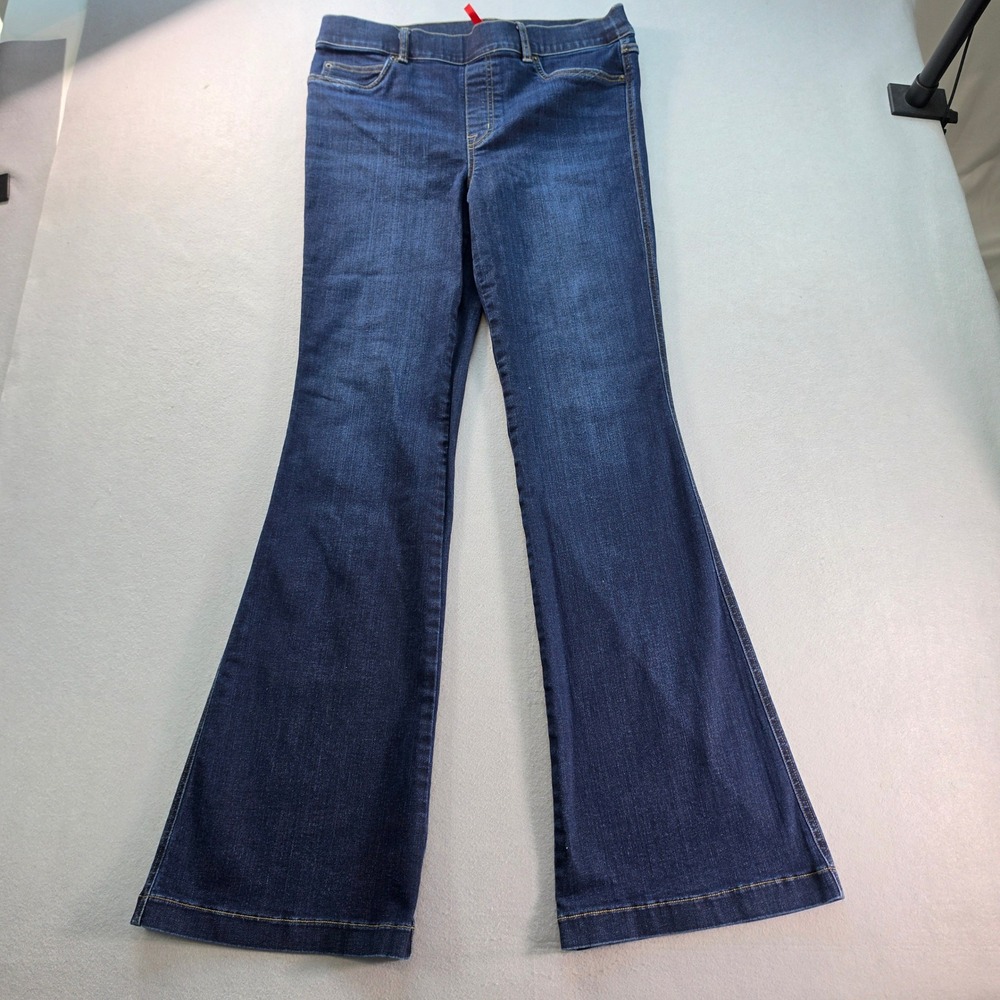 Spanx Flare Jeans Womens Large Dark Wash Indigo Blue Stretch Pull On Denim - Picture 2 of 7
